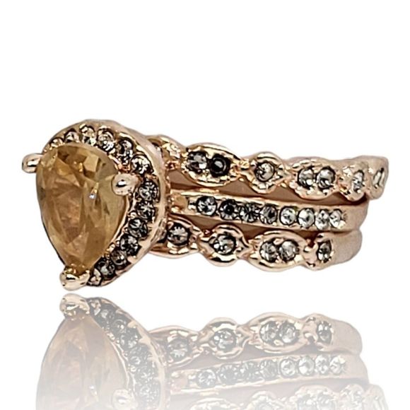 Three Ring Simulated Morganite Pear Round White Cubic Zirconia Ring Set - Picture 2 of 7